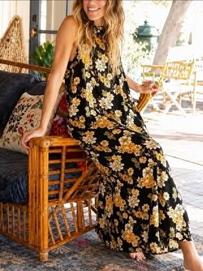 Natural Life XS/S Black Mustard Floral Sleeveless Maxi Dress Boho Fall wardrobe